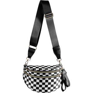 👑Women's Black White Nylon Checkered Classic Adjustable Straps Crossbody Bag